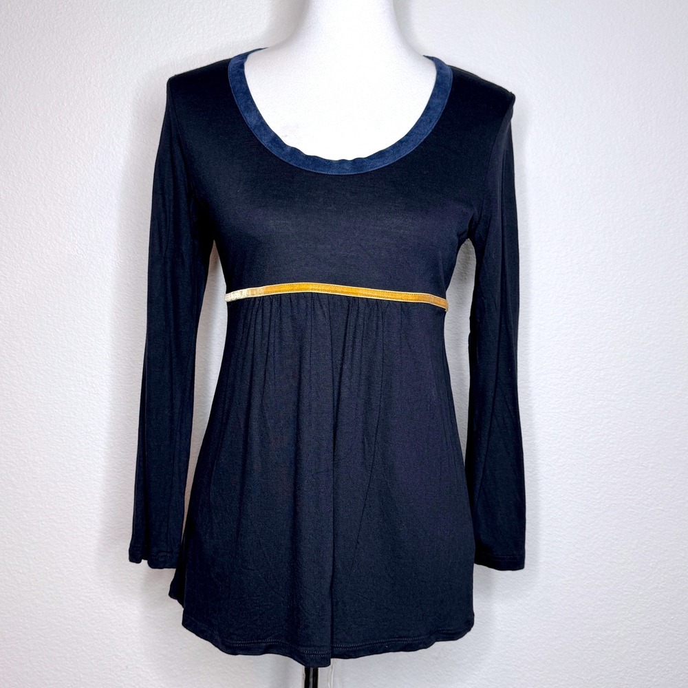 BODEN Babydoll Tunic Top SMALL Navy Velvet Trim Scoop Neck Long Sleeve Ltweight‎